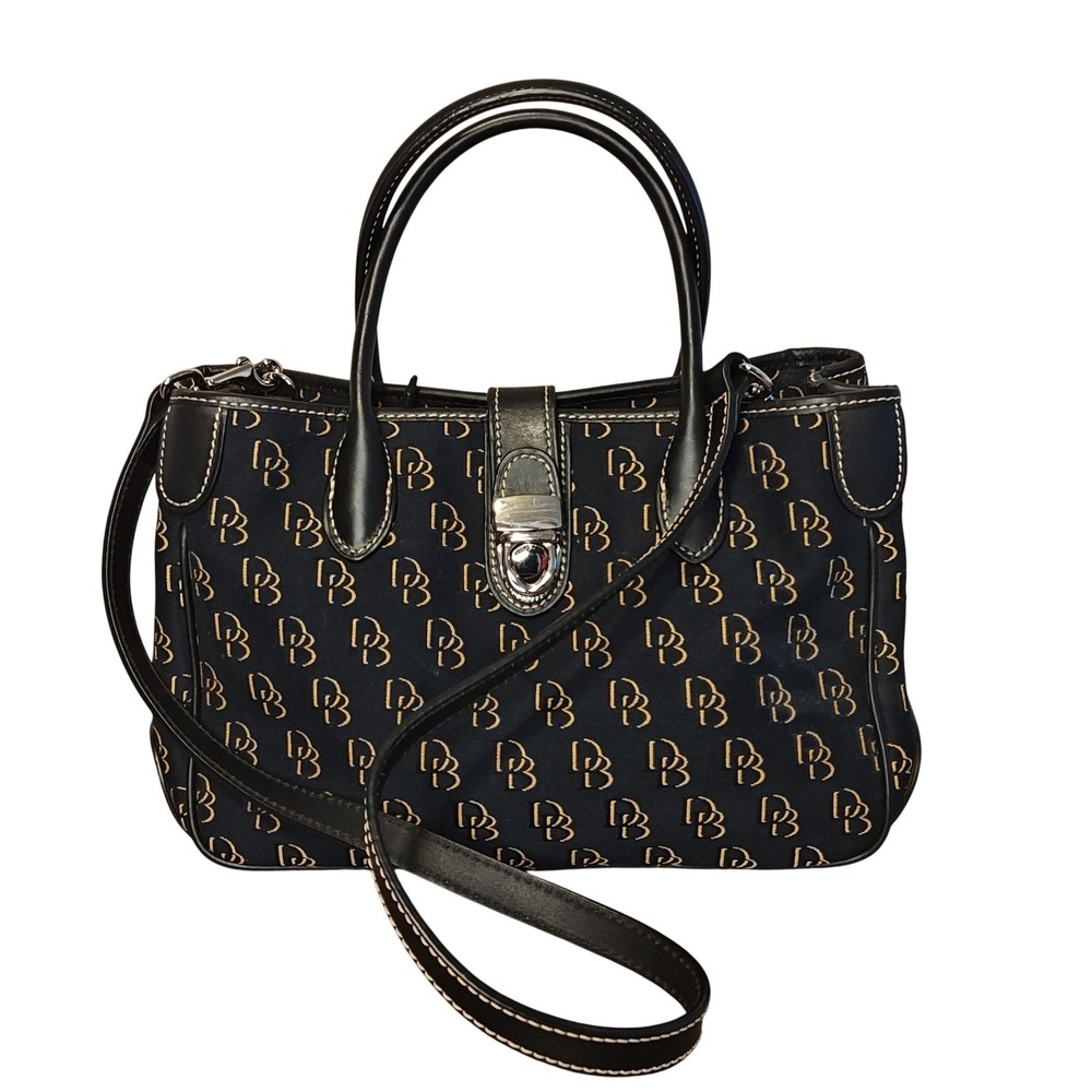 Dooney & Bourke Satchel Med Purse Black DB Monogram Canvas Leather Crossbody